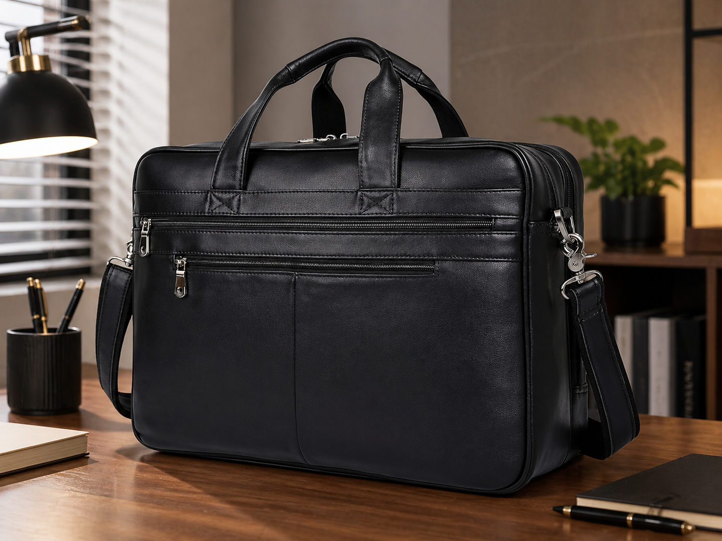 Black leather executive briefcase with strap