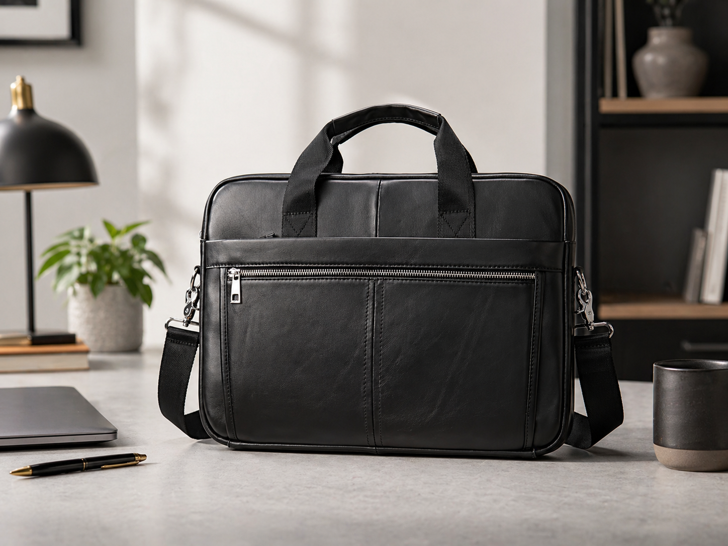 Black leather laptop briefcase