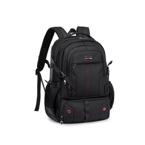Black travel branded backpack with red accents