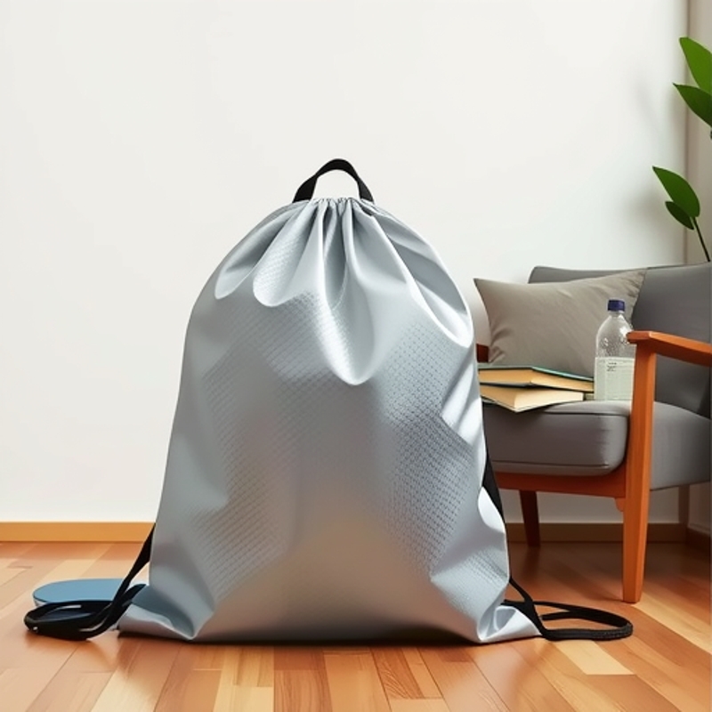 Silver grey ripstop drawstring bag in a lifestyle setting
