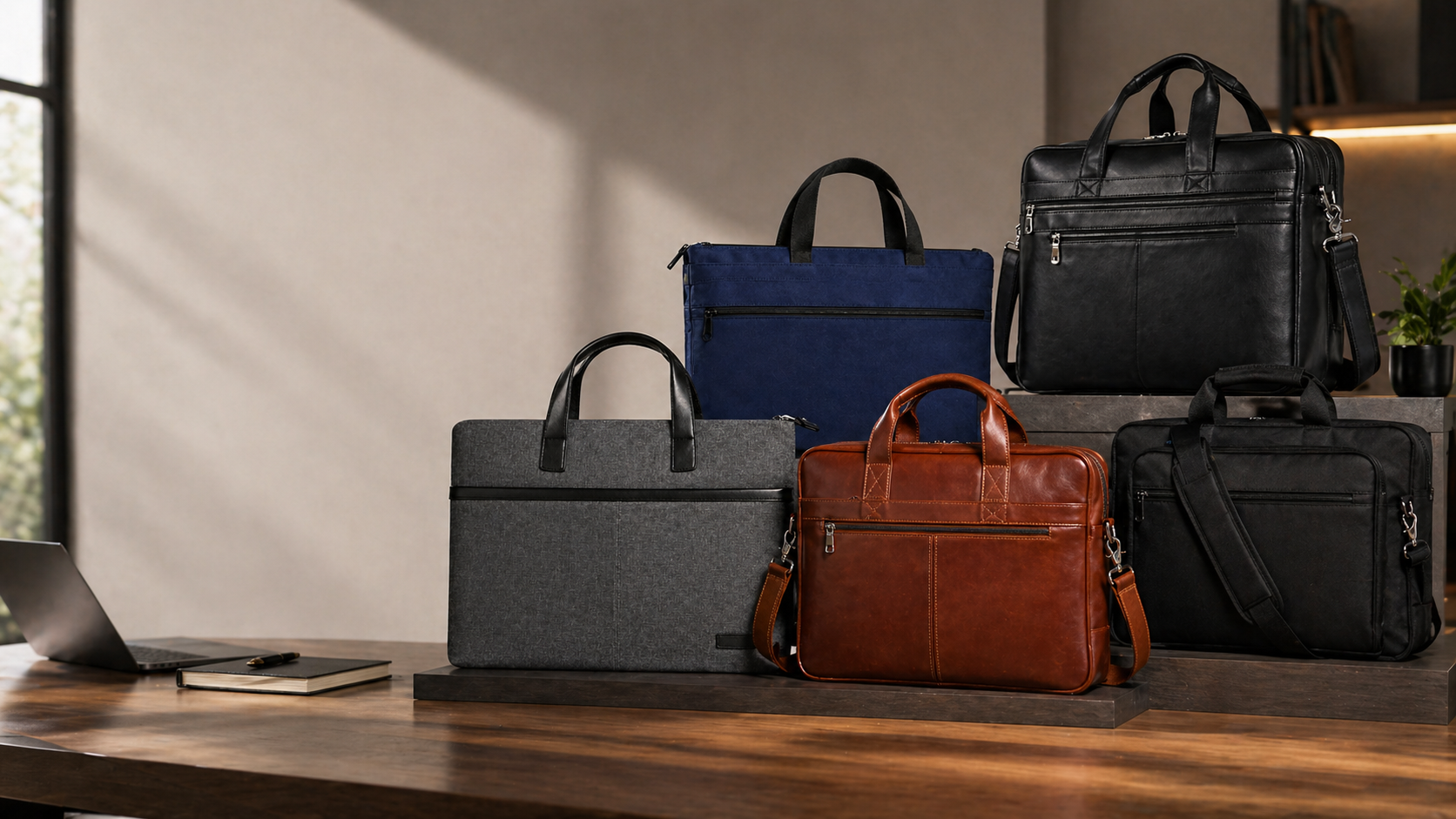 Executive briefcase bags in grey, navy, brown leather and black Executive briefcase bags in grey, navy, brown leather and black