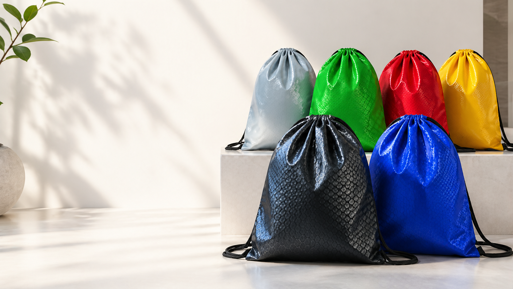 Colourful drawstring bags in grey, green, red, yellow, black and blue Colourful drawstring bags in grey, green, red, yellow, black and blue