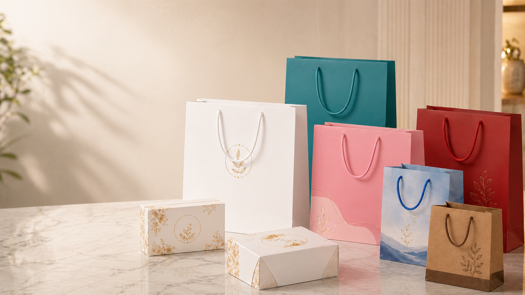 Custom branded paper gift bags and boxes in assorted colours Custom branded paper gift bags and boxes in assorted colours
